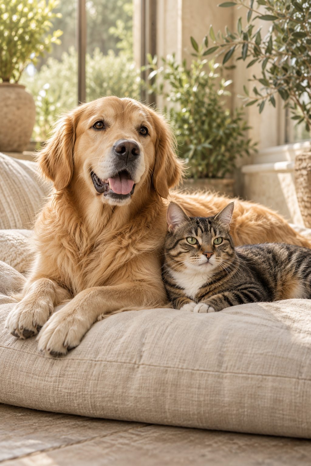 A golden retriever and tabby cat resting together in warm sunlight